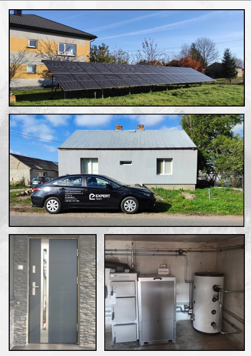 Kompozycja czterech zdjęć: panele słoneczne na trawie, auto firmy, nowoczesne drzwi wejściowe i kotłownia z piecem oraz zasobnikiem wody.