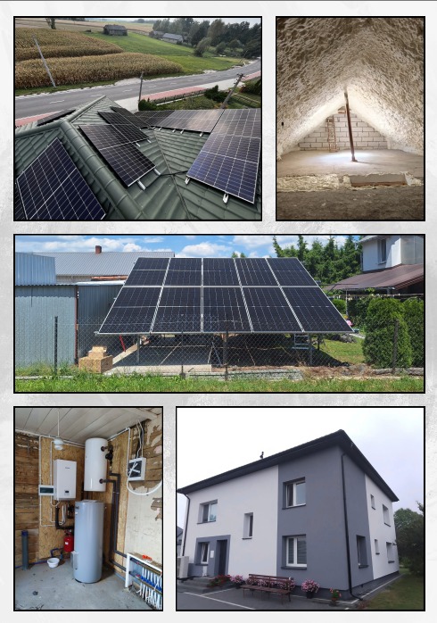 Kolaż zdjęć: panele słoneczne na dachu i na gruncie, ocieplone poddasze pianką, instalacja grzewcza w kotłowni i budynek po ociepleniu elewacji w odcieniach szarości.