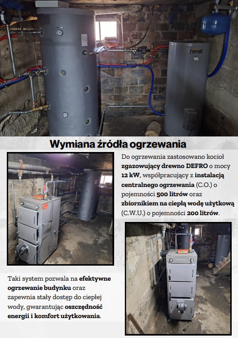 Zestaw dwóch szarych zbiorników na wodę i instalacji grzewczej w piwnicy z małym oknem. Widoczne rury w kolorach niebieskim i czerwonym.