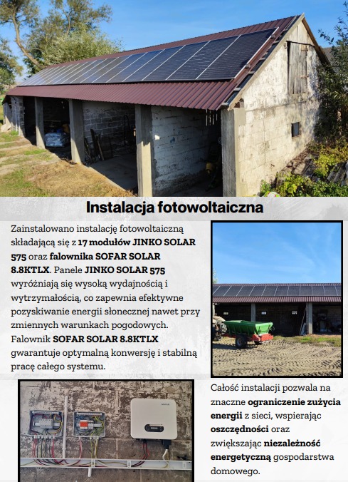 Instalacja fotowoltaiczna na dachu stodoły. Widoczne panele Jinko Solar 575 i falownik Sofar Solar 8.8KTLX. Całość instalacji efektywnie pozyskuje energię słoneczną.