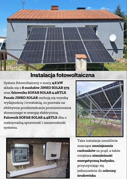 Fotowoltaika na dachu domu jednorodzinnego. Panele słoneczne Jinko Solar, falownik Sofar Solar 4.4KTLX, instalacja o mocy 4.6kW, redukcja rachunków za prąd.