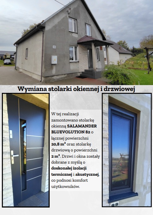 Dom po wymianie stolarki okiennej i drzwiowej. Zamontowano okna Salamander Bluevolution 82 o powierzchni 20,8 m2 i drzwi o pow. 2 m2.