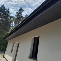 Nowoczesny dom jednorodzinny z czarną podbitką dachową i rynnami, widok z dołu na tle błękitnego nieba i drzew. Detal wykończenia elewacji i dachu.