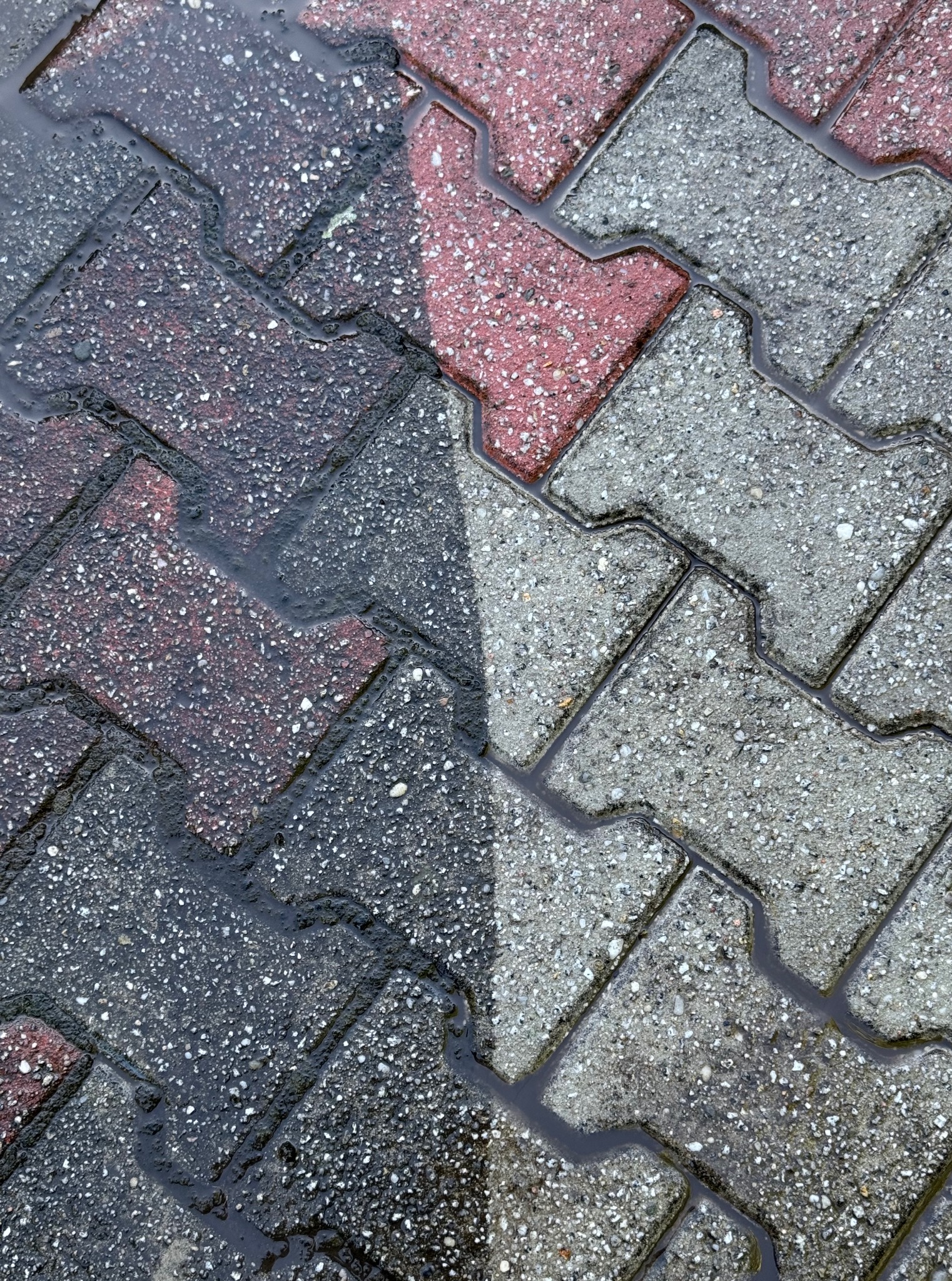 Częściowo umyta kostka brukowa w kształcie zygzaków, z widocznymi smugami wody, ukazująca różnicę w wyglądzie przed i po czyszczeniu.