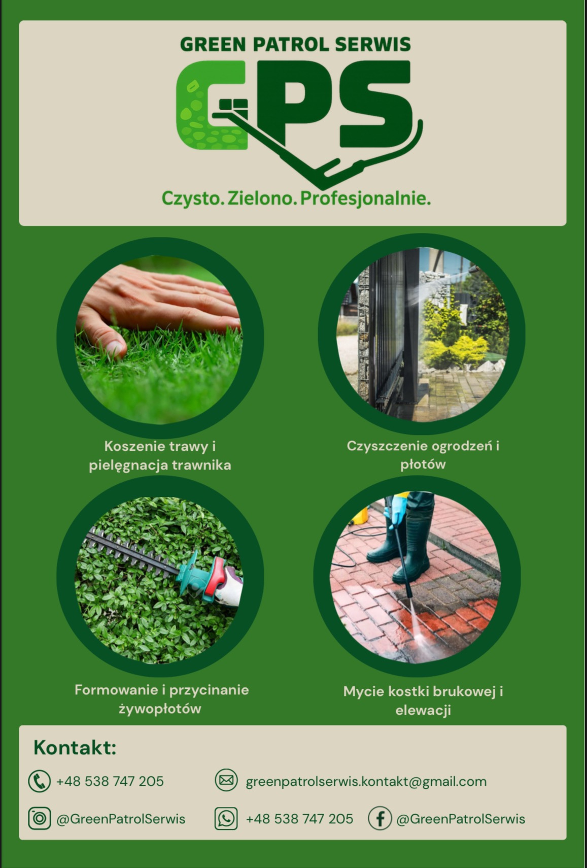 Grafika reklamowa usług ogrodniczych: koszenie trawy, czyszczenie ogrodzeń, formowanie żywopłotów, mycie kostki brukowej. Logo firmy i dane kontaktowe.