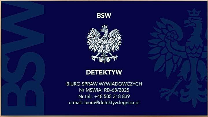Wizytówka Biura Spraw Wywiadowczych BSW z orłem w koronie, numerem MSWiA i danymi kontaktowymi na granatowym tle z motywem orła.