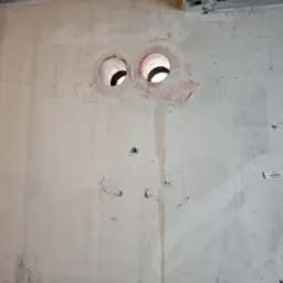 Dwa okrągłe otwory przewiercone w szarej, betonowej ścianie. Widoczne ślady po wierceniu, zarysowania i notatki. Otwory mają czerwone obwódki.