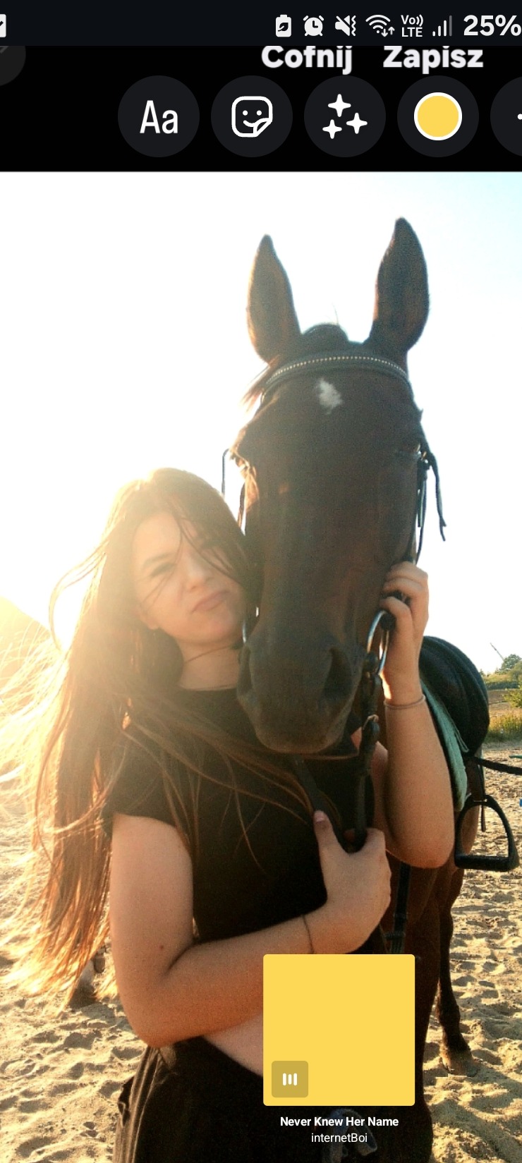 Młoda kobieta obejmuje brązowego konia z białym znaczeniem na czole na piaszczystej plaży w słoneczny dzień. Koń ma na sobie uzdę.