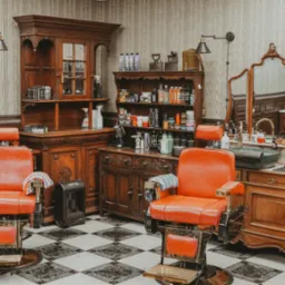 Wnętrze zakładu z dwoma fotelami fryzjerskimi w stylu retro, drewnianymi szafkami i wzorzystą tapetą. Na blacie akcesoria fryzjerskie i umywalka. Czarno-biała podłoga.