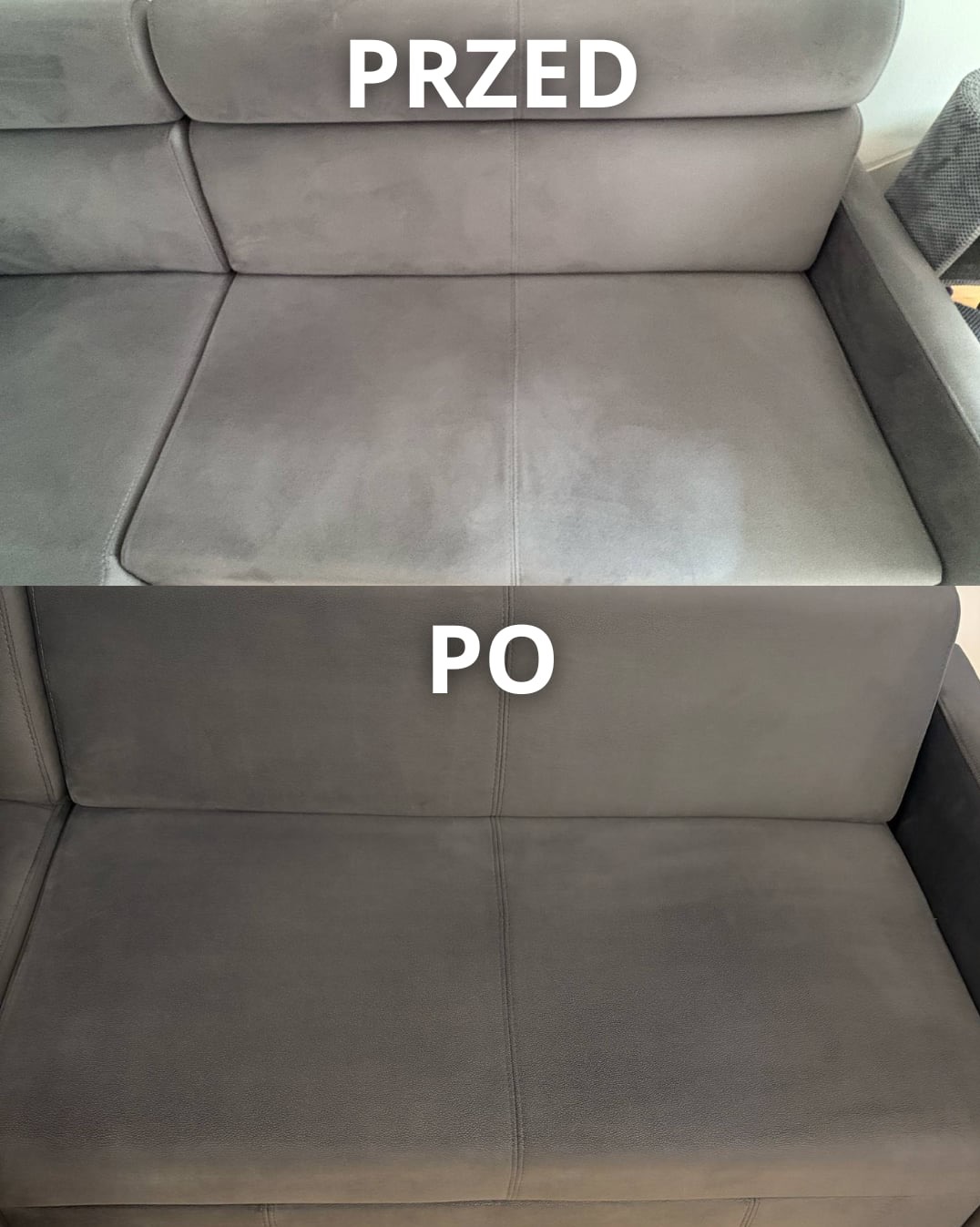 Szara kanapa przed i po praniu tapicerki. Widoczna różnica w kolorze i czystości materiału, prezentująca efekt usługi czyszczenia.