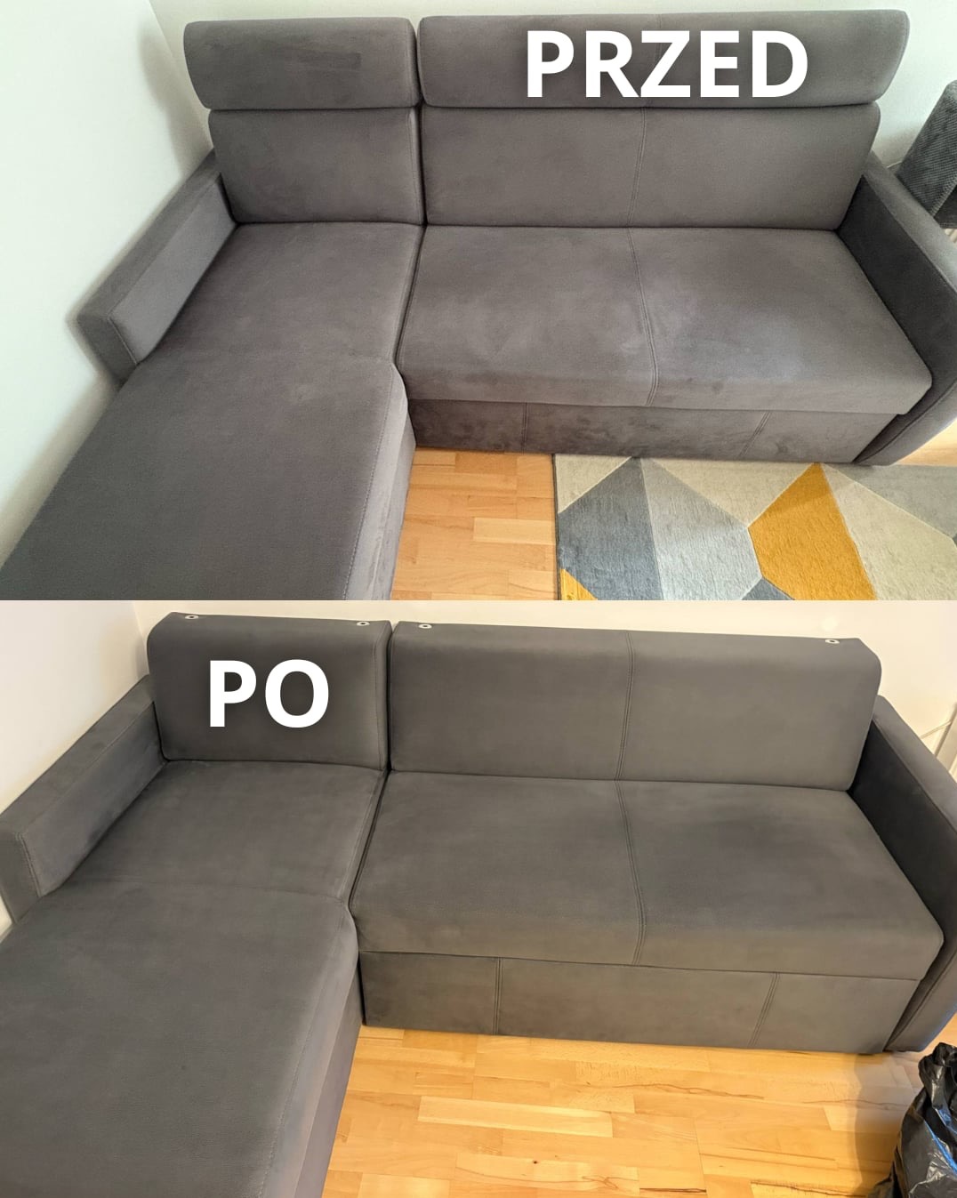 Szara kanapa narożna przed i po czyszczeniu, widoczne różnice w odświeżonym wyglądzie tapicerki. Ujęcie z perspektywy z góry, na drewnianej podłodze.