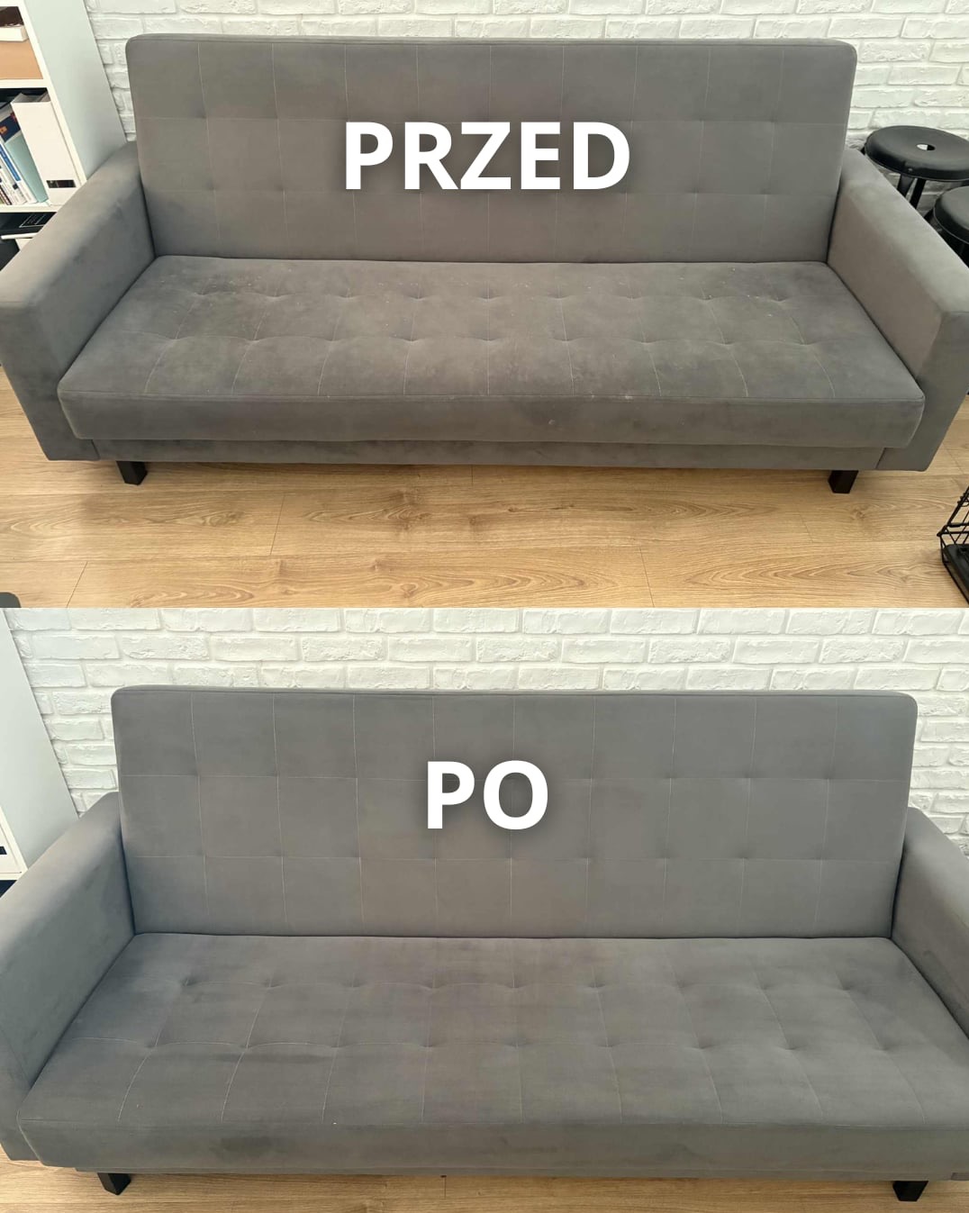 Szara kanapa przed i po czyszczeniu, widoczne różnice w czystości tapicerki na tle drewnianej podłogi i ściany z białej cegły.