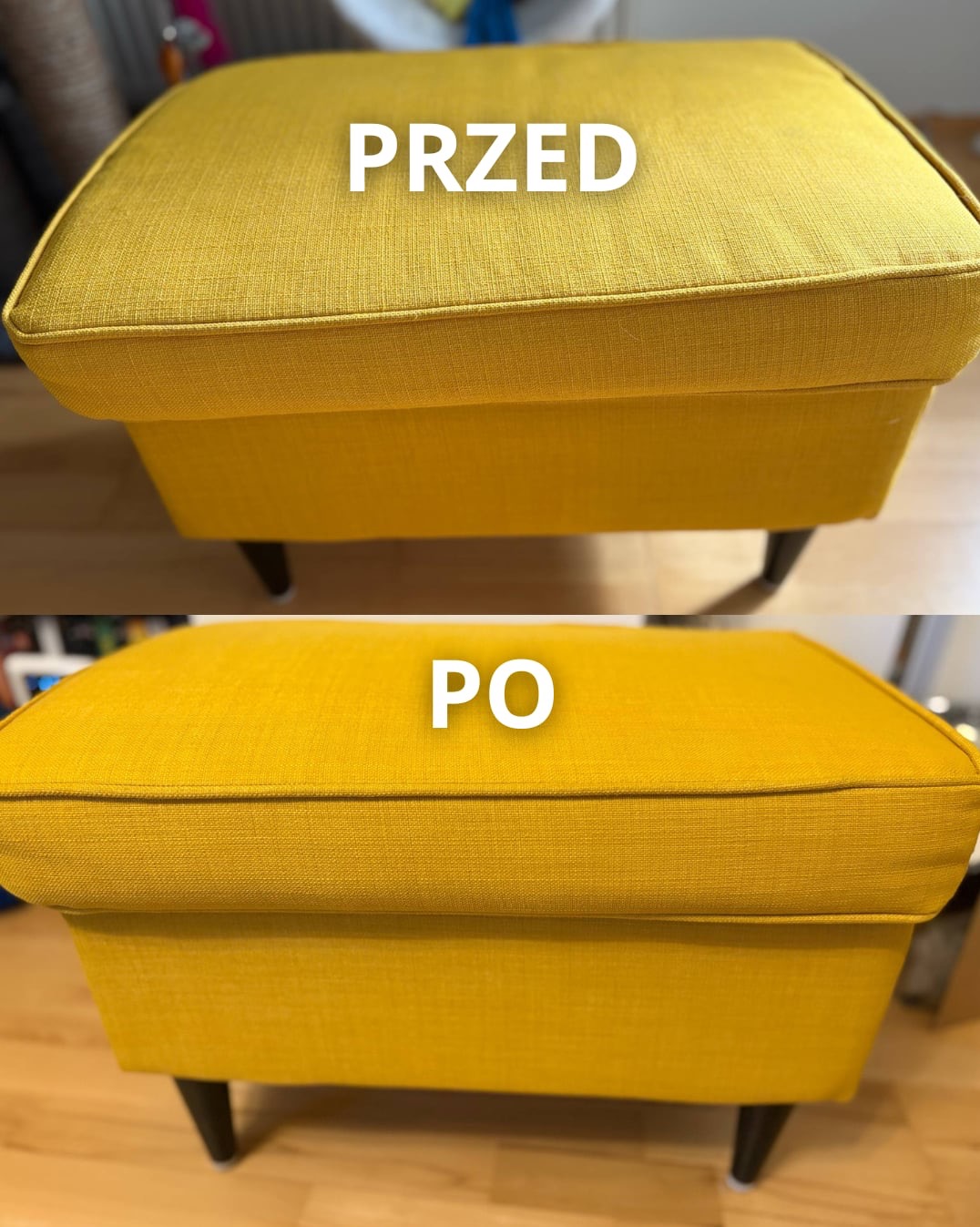 Żółty puf tapicerowany: u góry widok 'przed', z widocznymi plamami, na dole 'po' - czysty, bez plam. Prezentacja efektu prania tapicerki.
