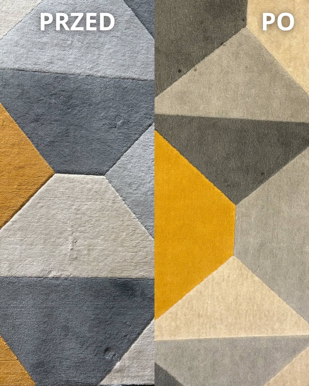 Dywan w geometryczne wzory, podzielony na dwie części: 'Przed' z widocznymi plamami i 'Po' - czysty, z odświeżonymi kolorami. Efekt prania.