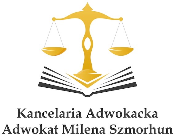 Złote wagi sprawiedliwości na otwartej księdze, logo Kancelarii Adwokackiej Adwokat Milena Szmorhun na białym tle. Minimalistyczny design.
