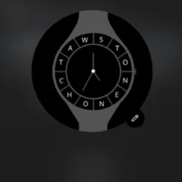 Czarno-biała grafika zegarka z napisem 'WATCH ONE' zamiast cyfr, udostępniona z telefonu. Ikony udostępniania, kopiowania linku, kodu QR i dodawania awatara na dole.