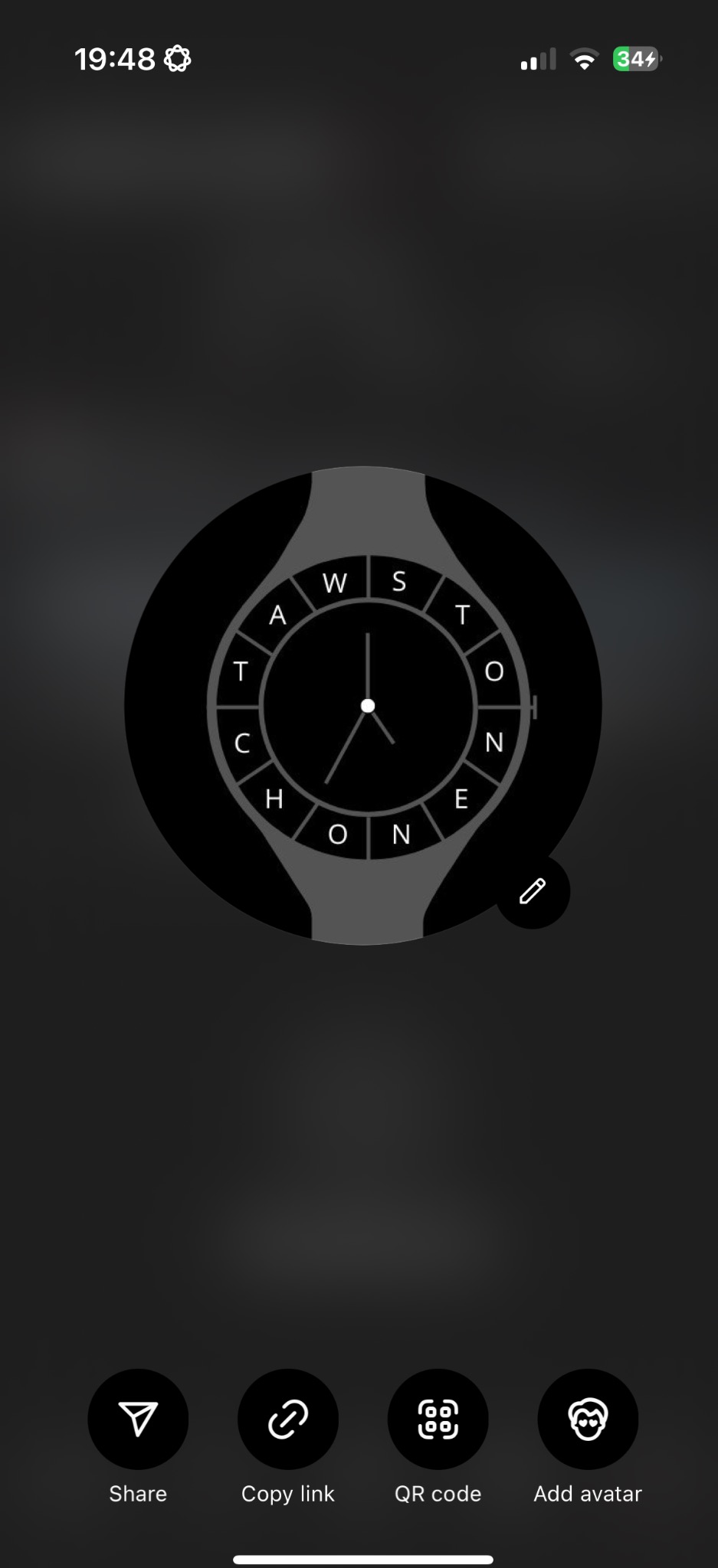 Czarno-biała grafika zegarka z napisem 'WATCH ONE' zamiast cyfr, udostępniona z telefonu. Ikony udostępniania, kopiowania linku, kodu QR i dodawania awatara na dole.