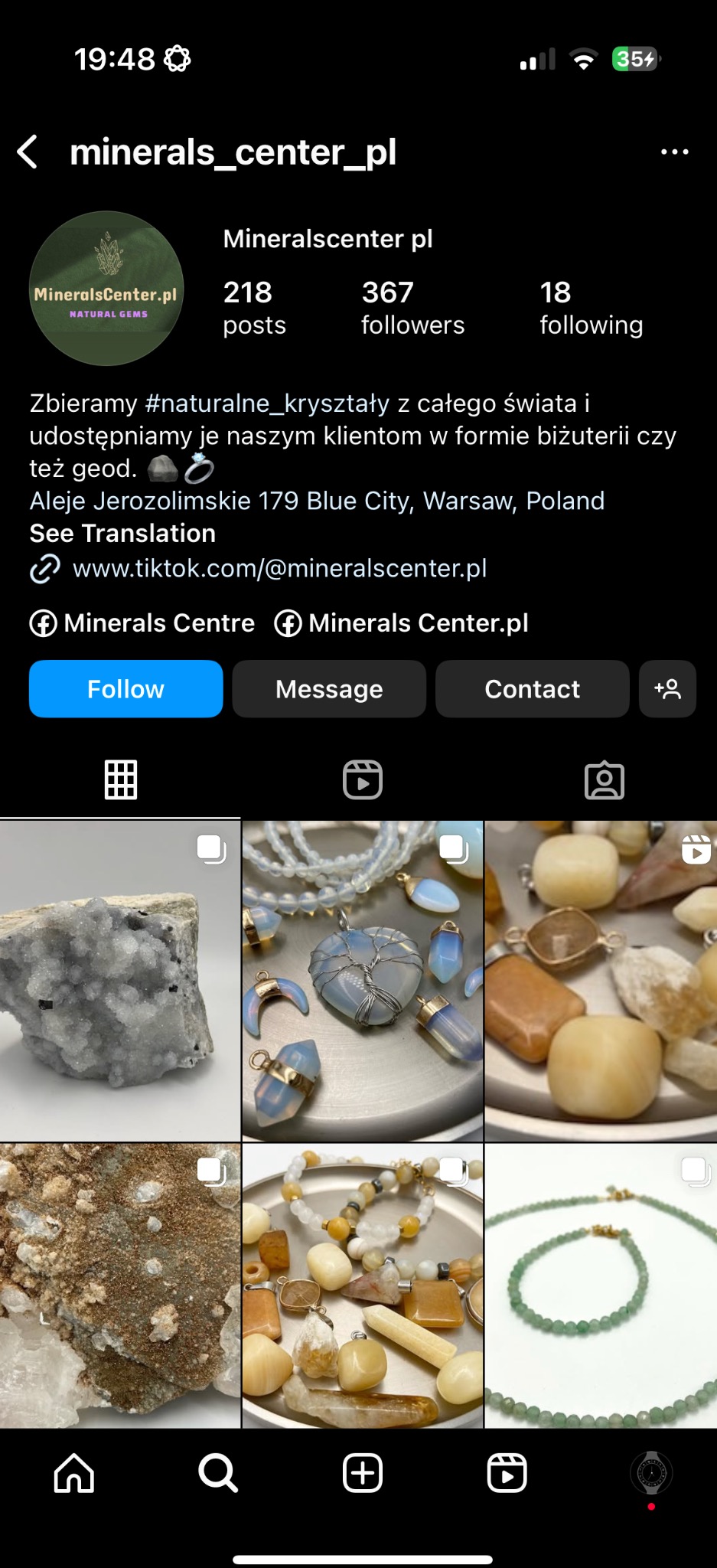 Ekran profilu Mineralscenter.pl na Instagramie z galerią zdjęć biżuterii i kryształów. Widoczne posty, liczba obserwujących i informacje kontaktowe.
