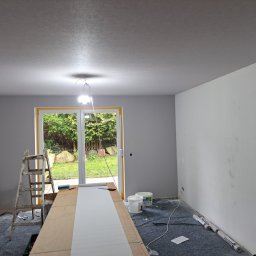 Remontowy Armagedon - Wnętrze pokoju w trakcie malowania: ściany częściowo szare, częściowo białe, drabina, wałek malarski, zabezpieczona podłoga. Widok na ogród przez przeszklone drzwi.