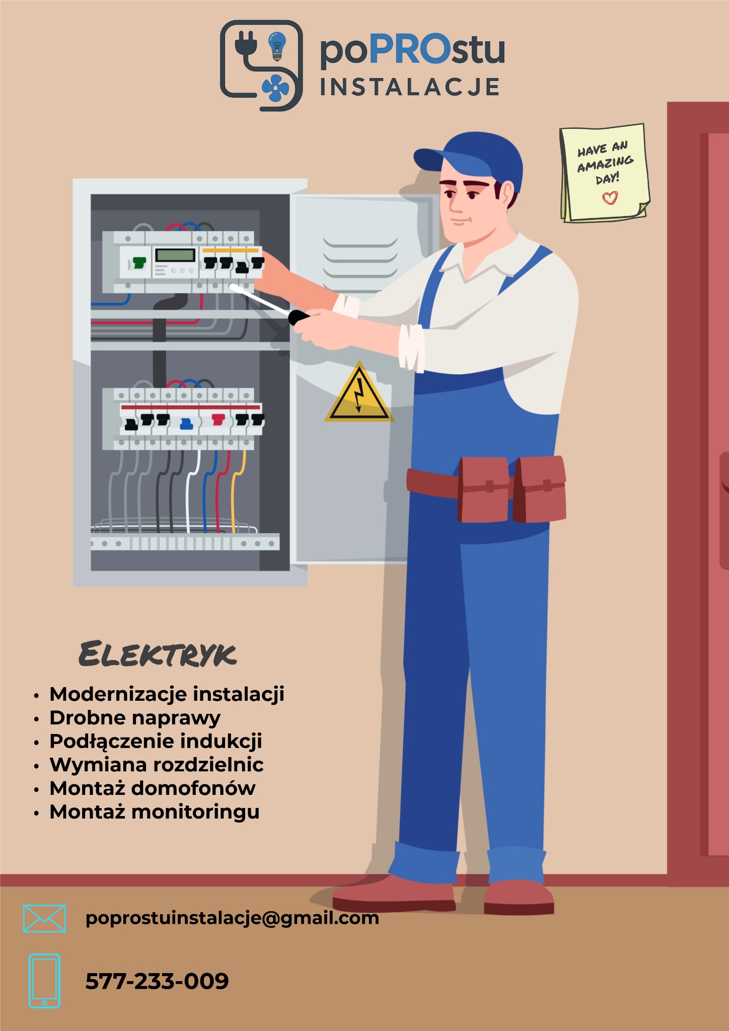 Ilustracja: elektryk w niebieskim kombinezonie naprawia skrzynkę z bezpiecznikami. Widoczny znak ostrzegawczy. W tle notatka z napisem 'Have an amazing day!'.