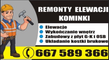 Ilustracja reklamowa: Remonty elewacji i kominki, wykończenia wnętrz, zabudowy z płyt G-K i OSB, układanie kostki brukowej. Kontakt telefoniczny.