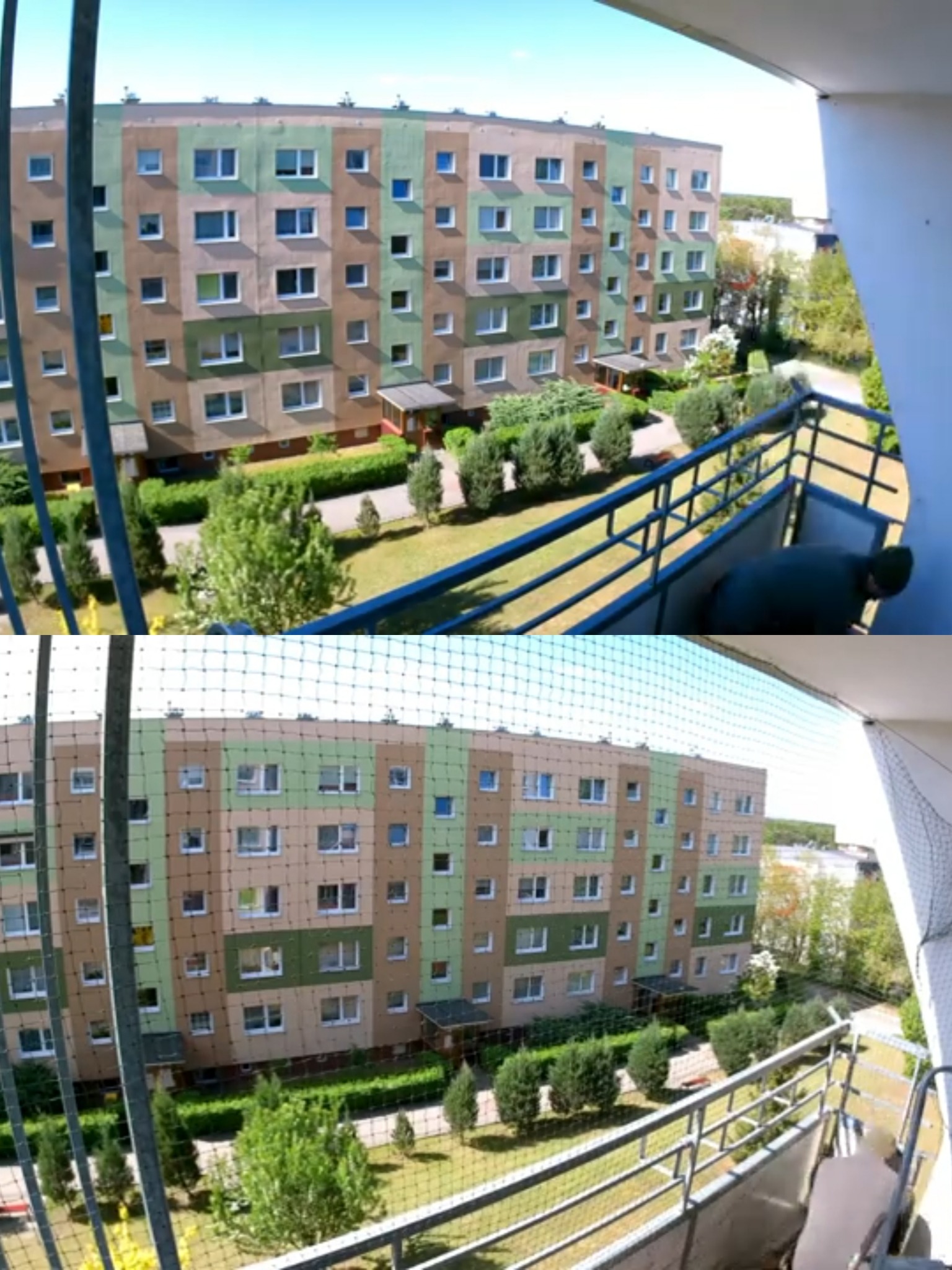 Widok z balkonu zabezpieczonego siatką na blok z zielonymi i beżowymi pasami. Metalowa balustrada i roślinność w tle. Dwa ujęcia w jednym zdjęciu.