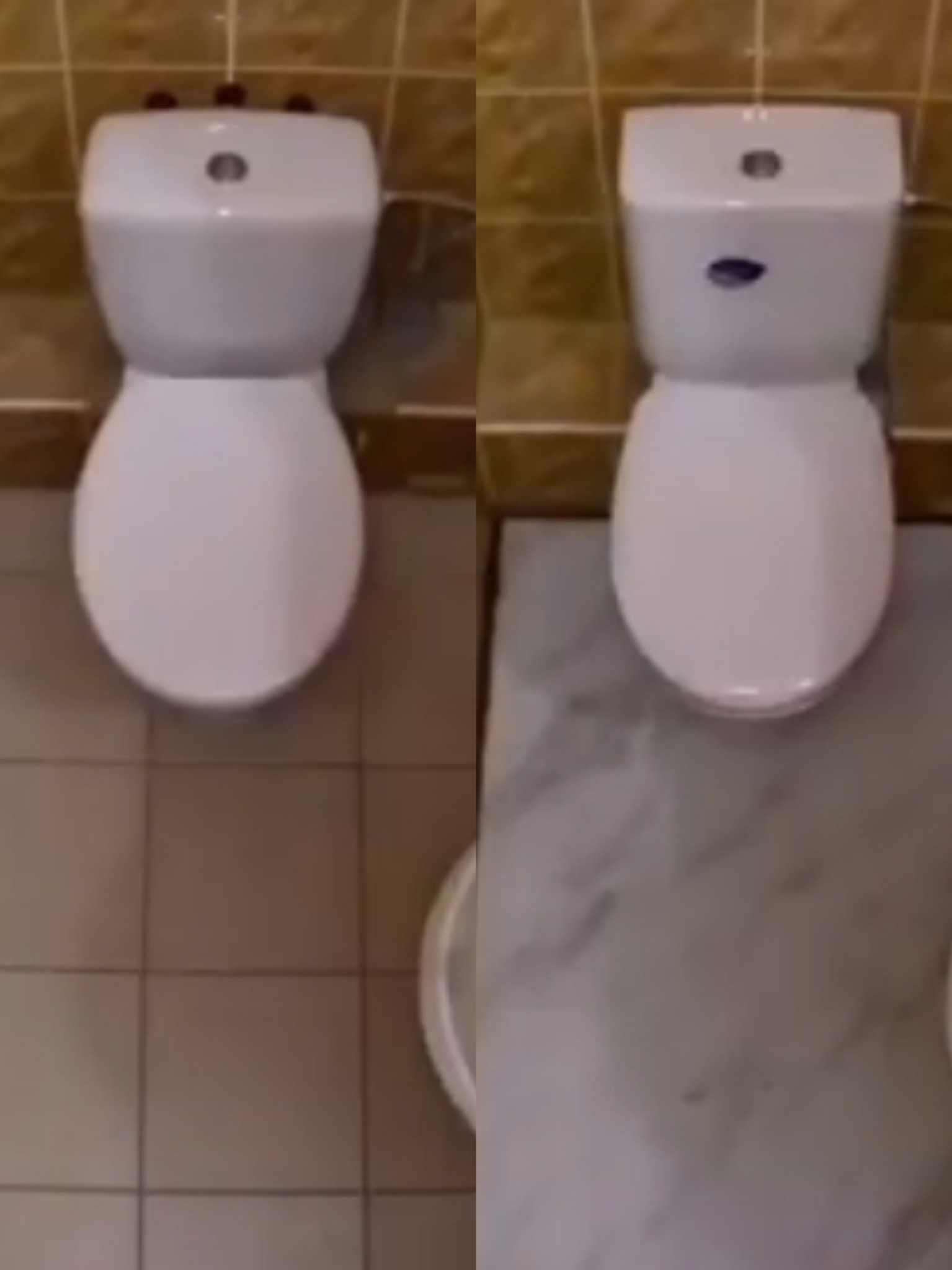 Porównanie: toaleta przed i po remoncie. Po lewej beżowe płytki, po prawej marmur. Widok z góry na białą muszlę klozetową.