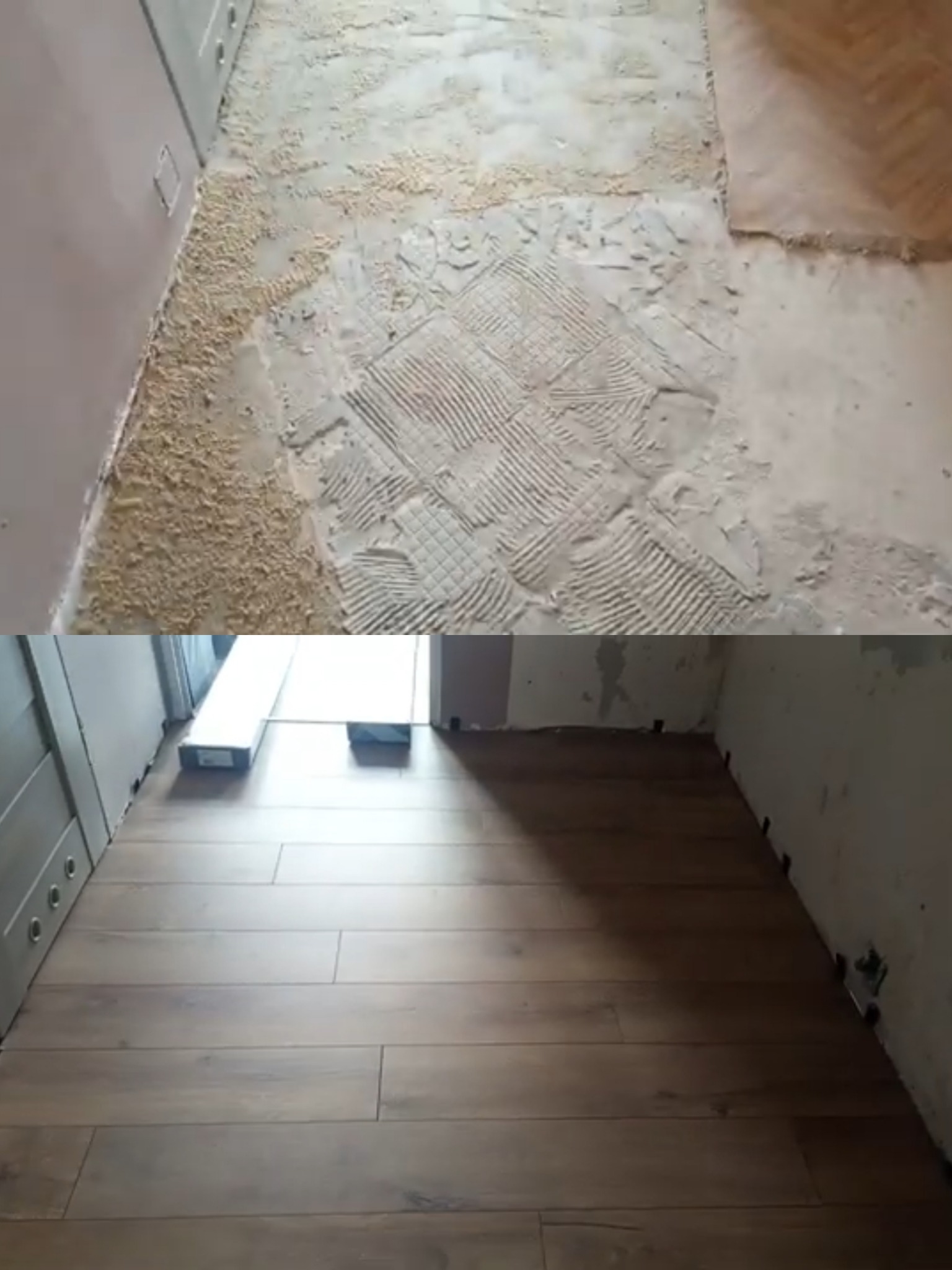 Układanie paneli: widok 'przed' z pozostałościami po starej podłodze i 'po' z nowymi panelami w odcieniach brązu. Ujęcie z góry, kontrastujące etapy prac.