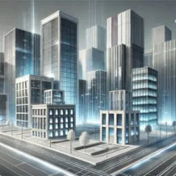 Futurystyczna wizja miasta z wysokimi, szklanymi biurowcami i rozświetlonymi drogami. Pojazd na ulicy. Efektowny rendering architektoniczny.