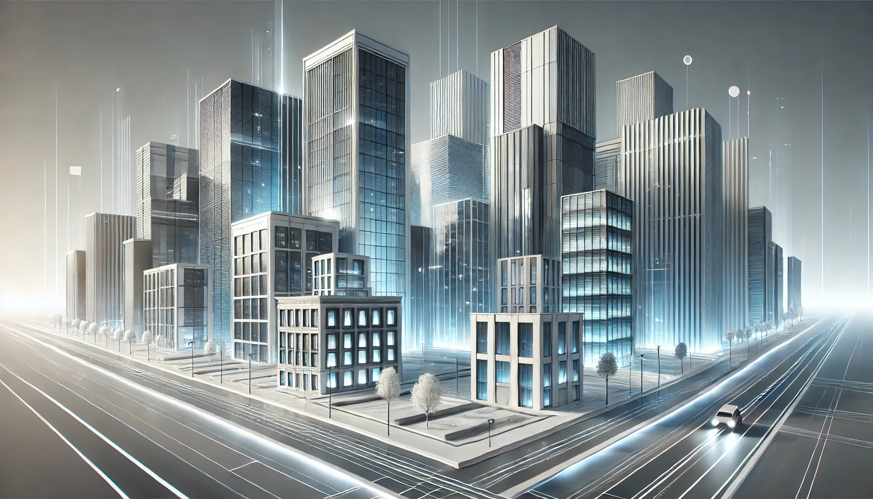 Futurystyczna wizja miasta z wysokimi, szklanymi biurowcami i rozświetlonymi drogami. Pojazd na ulicy. Efektowny rendering architektoniczny.