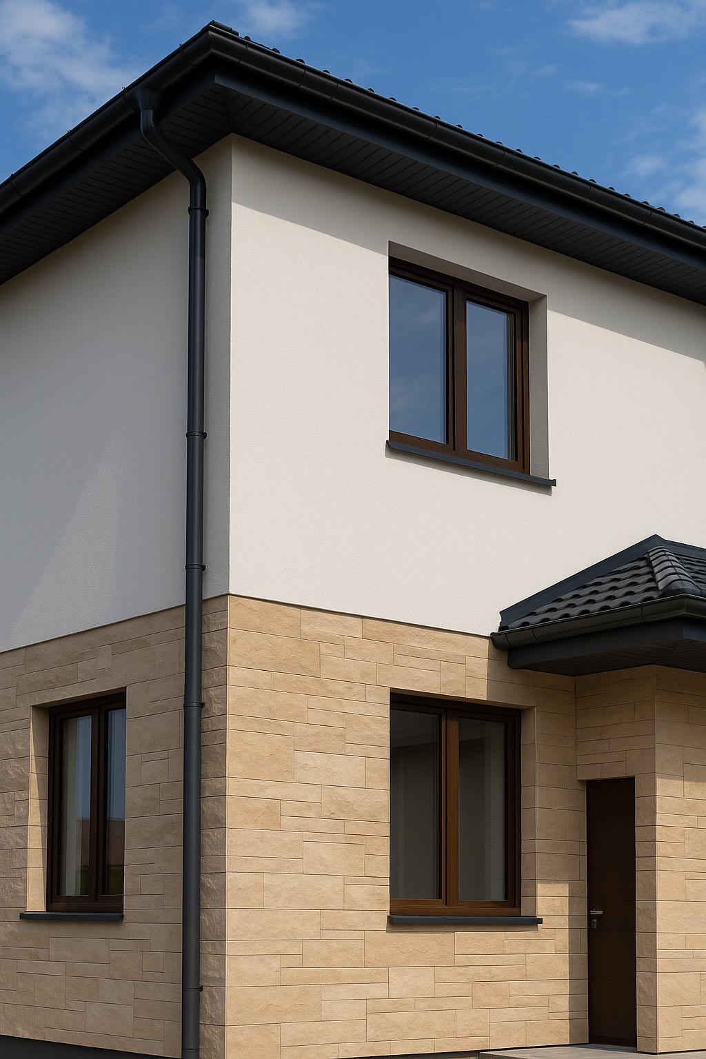 Elewacja dwukondygnacyjnego domu z beżową okładziną imitującą kamień, ciemnymi oknami i rynnami. Widok na narożnik budynku i fragment dachu.
