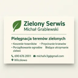 Wizytówka firmy 'Zielony Serwis' Michała Grablewskiego, oferującej pielęgnację terenów zielonych: koszenie trawników, przycinanie krzewów i porządkowanie ogrodów.