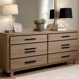 Robert Stolarz - Drewniana komoda z sześcioma szufladami i czarnymi uchwytami, zwieńczona lustrem, lampami i dekoracjami. Naturalne oświetlenie podkreśla fakturę drewna.