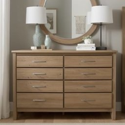 Robert Stolarz - Jasna, drewniana komoda z ośmioma szufladami i srebrnymi uchwytami. Nad komodą okrągłe lustro w drewnianej ramie, lampki i dekoracje. Widoczny fragment łóżka.