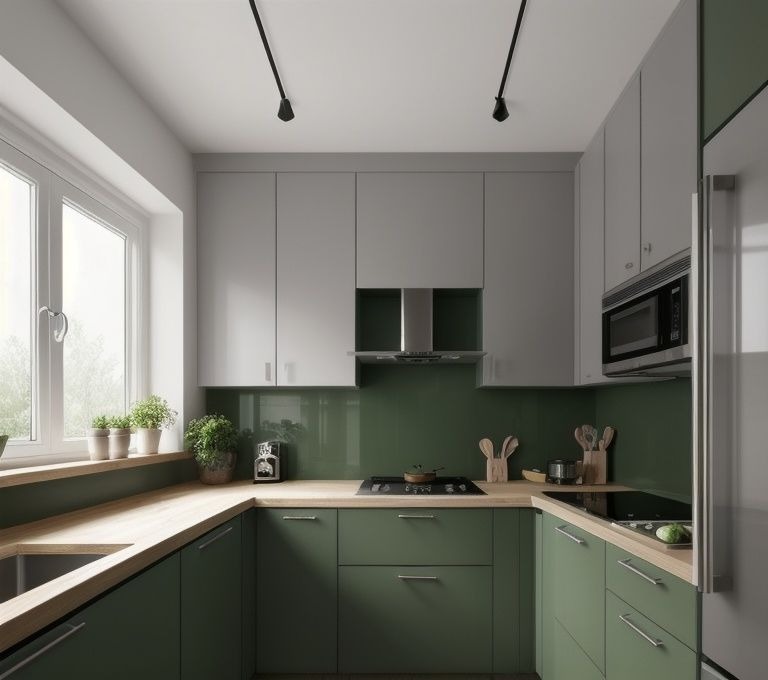 Nowoczesna kuchnia w odcieniach szarości i zieleni z drewnianym blatem. Widoczne górne szafki, okap, mikrofalówka, płyta grzewcza i rośliny w doniczkach na parapecie.