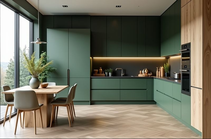 Nowoczesna kuchnia w odcieniach zieleni z drewnianymi akcentami. Minimalistyczne szafki, drewniany stół z krzesłami i parkiet w jodełkę. Duże okno z widokiem na zieleń.