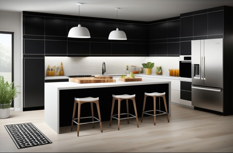 Nowoczesna kuchnia z czarnymi szafkami, białym blatem i trzema drewnianymi stołkami barowymi. Oświetlenie podszafkowe i dwa białe, okrągłe klosze nad wyspą.