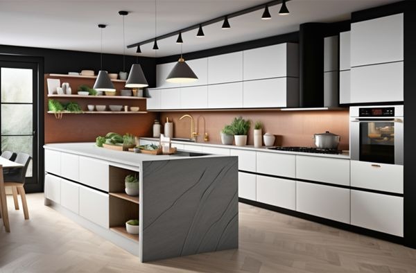 Nowoczesna kuchnia z wyspą: białe szafki, czarne akcenty, drewniane półki i złota armatura. Minimalistyczny design z roślinami i oświetleniem punktowym.