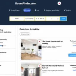 Zrzut ekranu strony RoomFinder.com z wynikami wyszukiwania hoteli w Warszawie i ofertą Sea Cliff Resort z widokiem na morze, z filtrami cenowymi i ocenami.