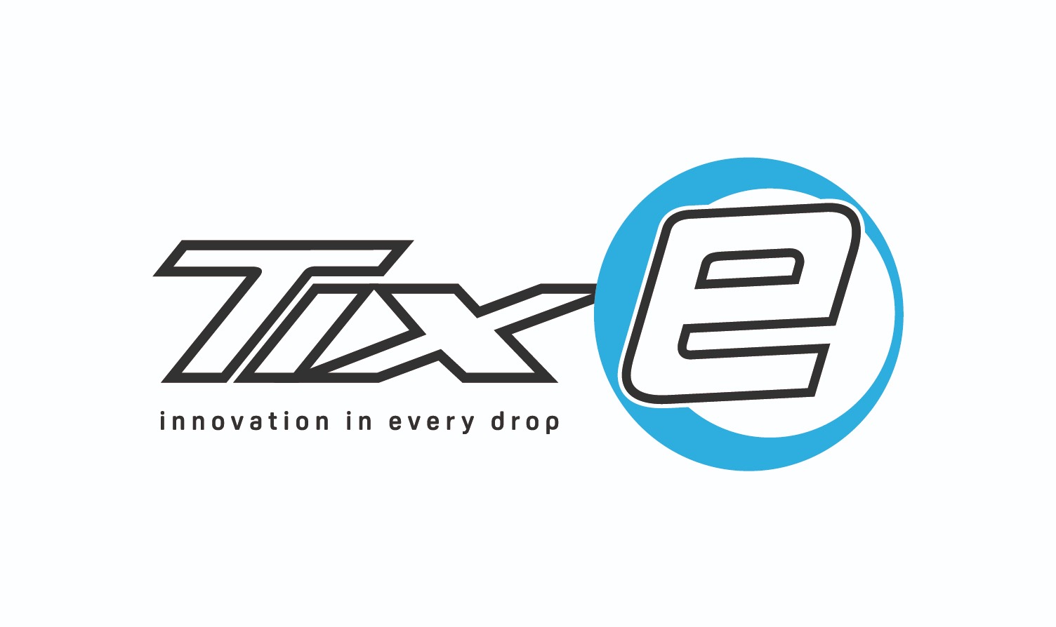 Logo TIX-E z hasłem 'innovation in every drop', litera 'E' w niebieskim okręgu. Grafika na białym tle, minimalistyczny design.