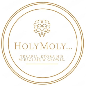 Złote logo 'HolyMoly...' z symbolem mózgu w okularach, otoczone podwójnym okręgiem. Tekst: 'Terapia, która nie mieści się w głowie.'