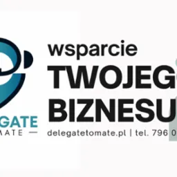 Logo Delegate to Mate z hasłem: Wsparcie Twojego Biznesu. Grafika w odcieniach błękitu i czerni, z adresem strony i numerem telefonu na białym tle.
