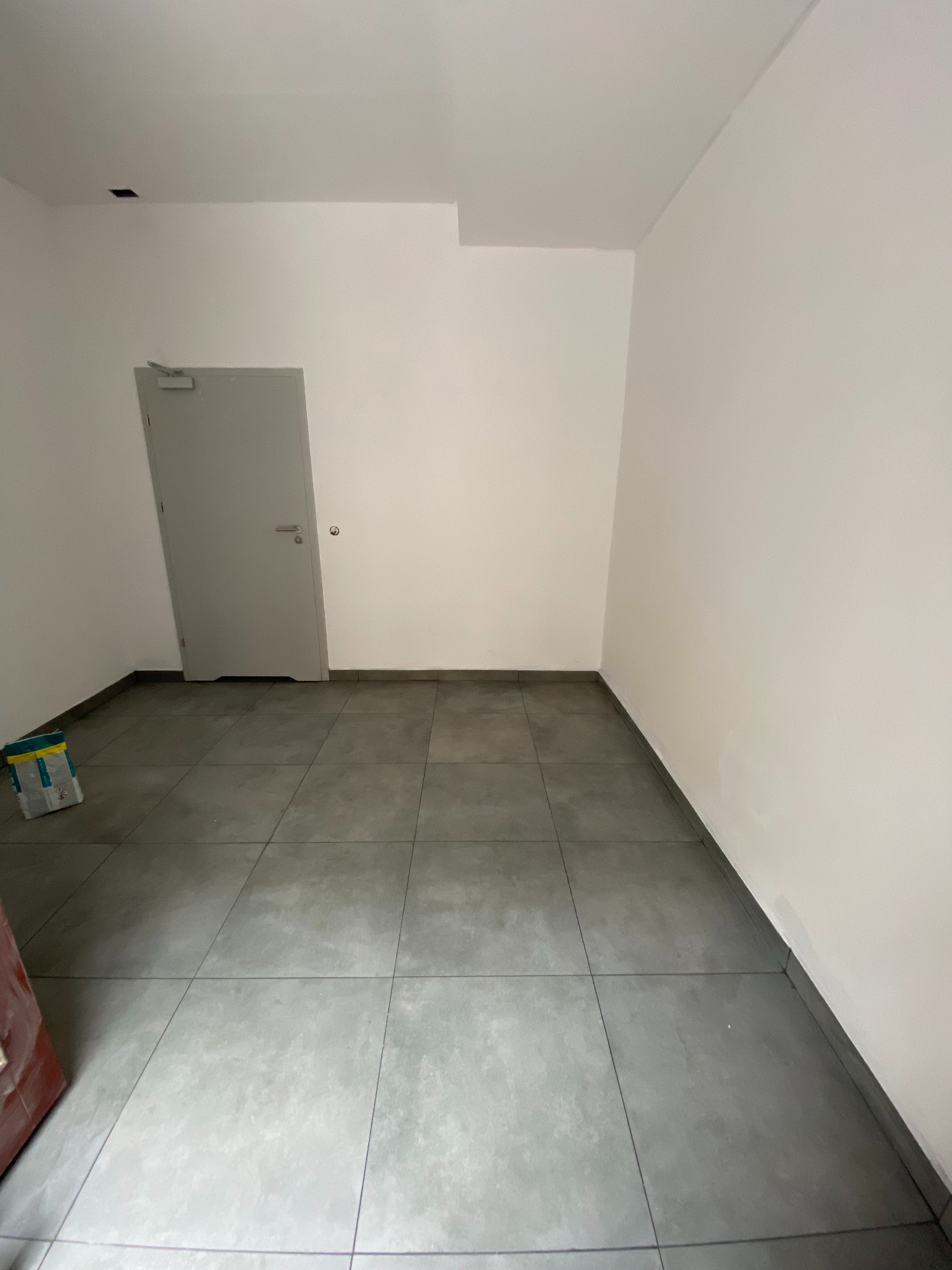 Wykończone wnętrze: szare, kwadratowe płytki podłogowe, białe ściany, szare drzwi. W rogu wiadro z farbą.