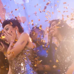 Rozbawione kobiety w błyszczących sukienkach świętują pod deszczem złotego konfetti, w tle jasne światła i fragmenty dekoracji sufitowej.
