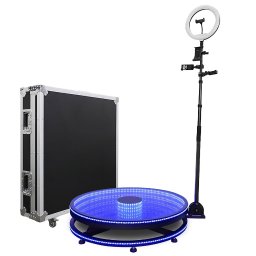 Lefkor - Kompletny zestaw fotobudki 360: obudowa transportowa, platforma z oświetleniem LED i statyw z lampą pierścieniową, gotowy do transportu i rozłożenia na imprezie.