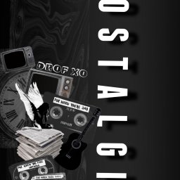 Zamazana - Okładka muzyczna w stylu kolażu: retro telewizory, kasety magnetofonowe, gitara i zegar na tle marmurkowego wzoru z napisem 'NOSTALGIA'.