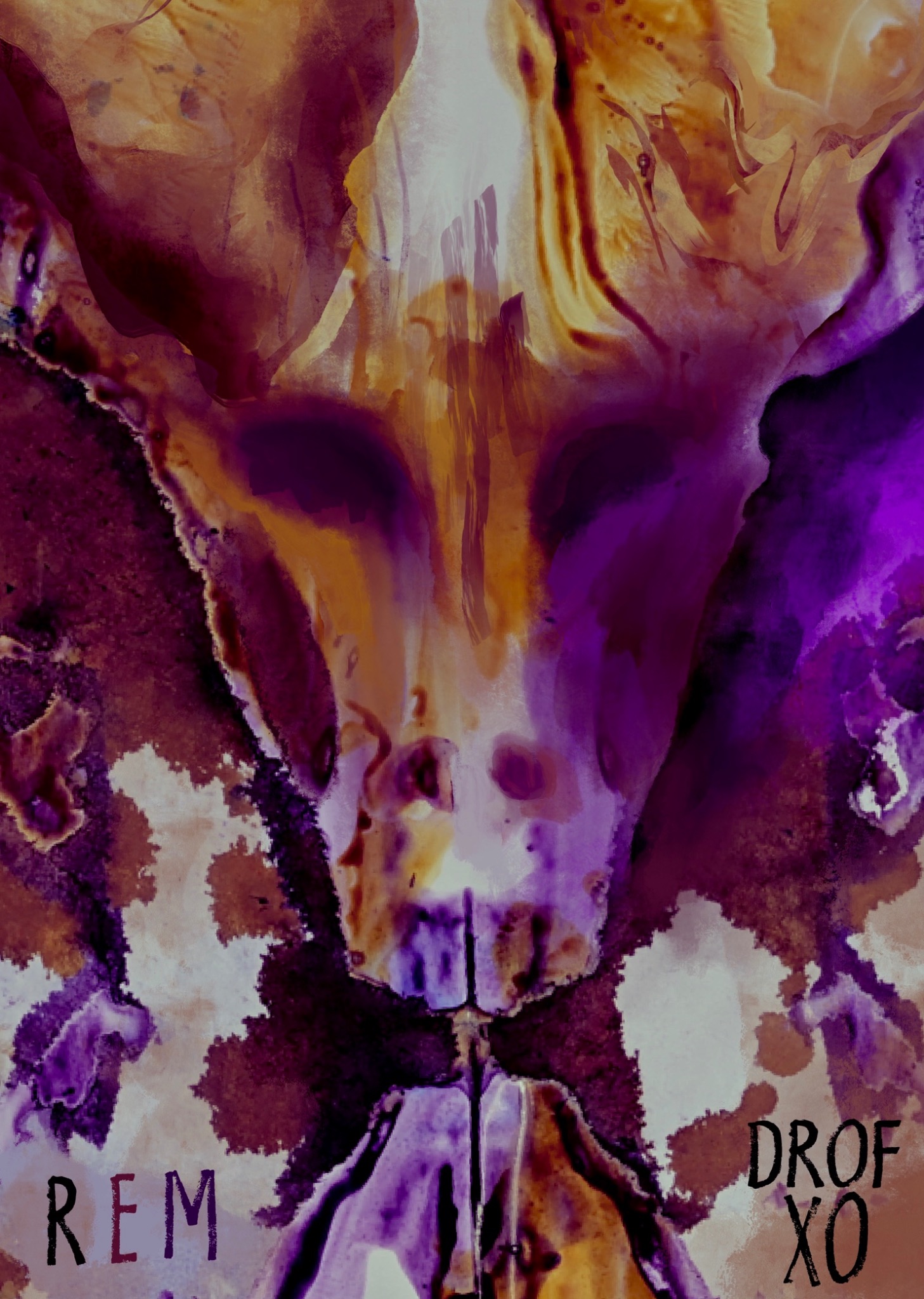 Abstrakcyjna okładka albumu muzycznego z fioletowo-złotymi plamami i napisami 'REM' i 'DROF XO' w rogach. Stylizowane, rozmyte kształty tworzą surrealistyczny obraz.