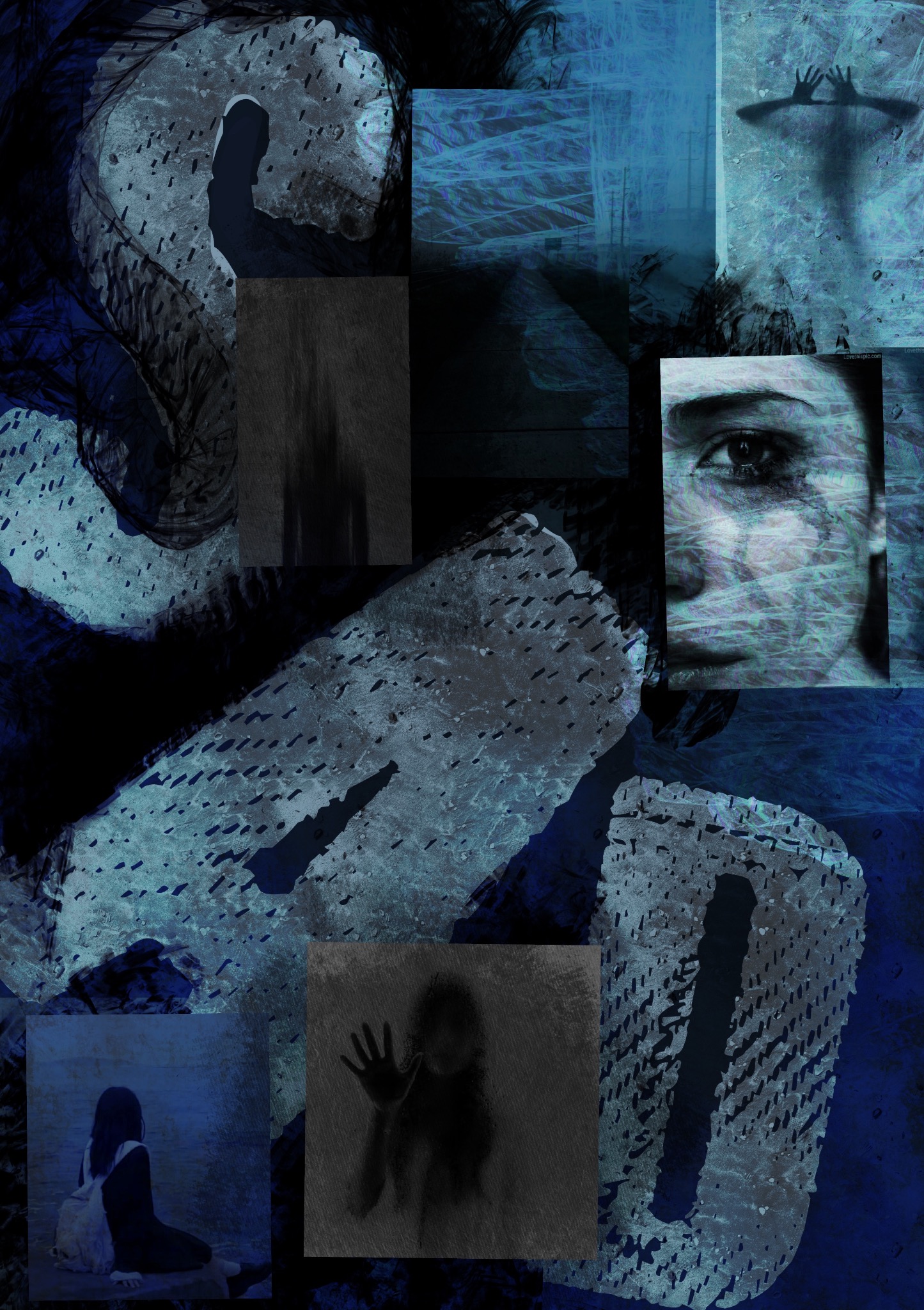 Abstrakcyjna kompozycja graficzna w odcieniach błękitu i szarości, z fragmentami twarzy, sylwetek i tekstur, tworząca mroczny, emocjonalny kolaż. Projekt plakatu.