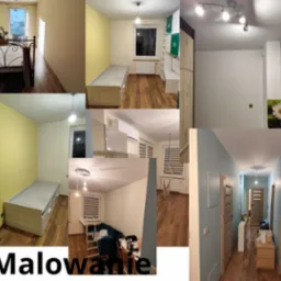 Kolaż zdjęć przedstawia wnętrza po malowaniu: pokój z łóżkiem, korytarz w odcieniach błękitu i kuchnię z białymi ścianami. Widoczne panele podłogowe i oświetlenie sufitowe.