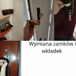 Montaż nowego zamka w drzwiach wejściowych. Czynności wykonywane przez montera. Wymiana wkładki w drzwiach. Nowe elementy zamka w pudełku.
